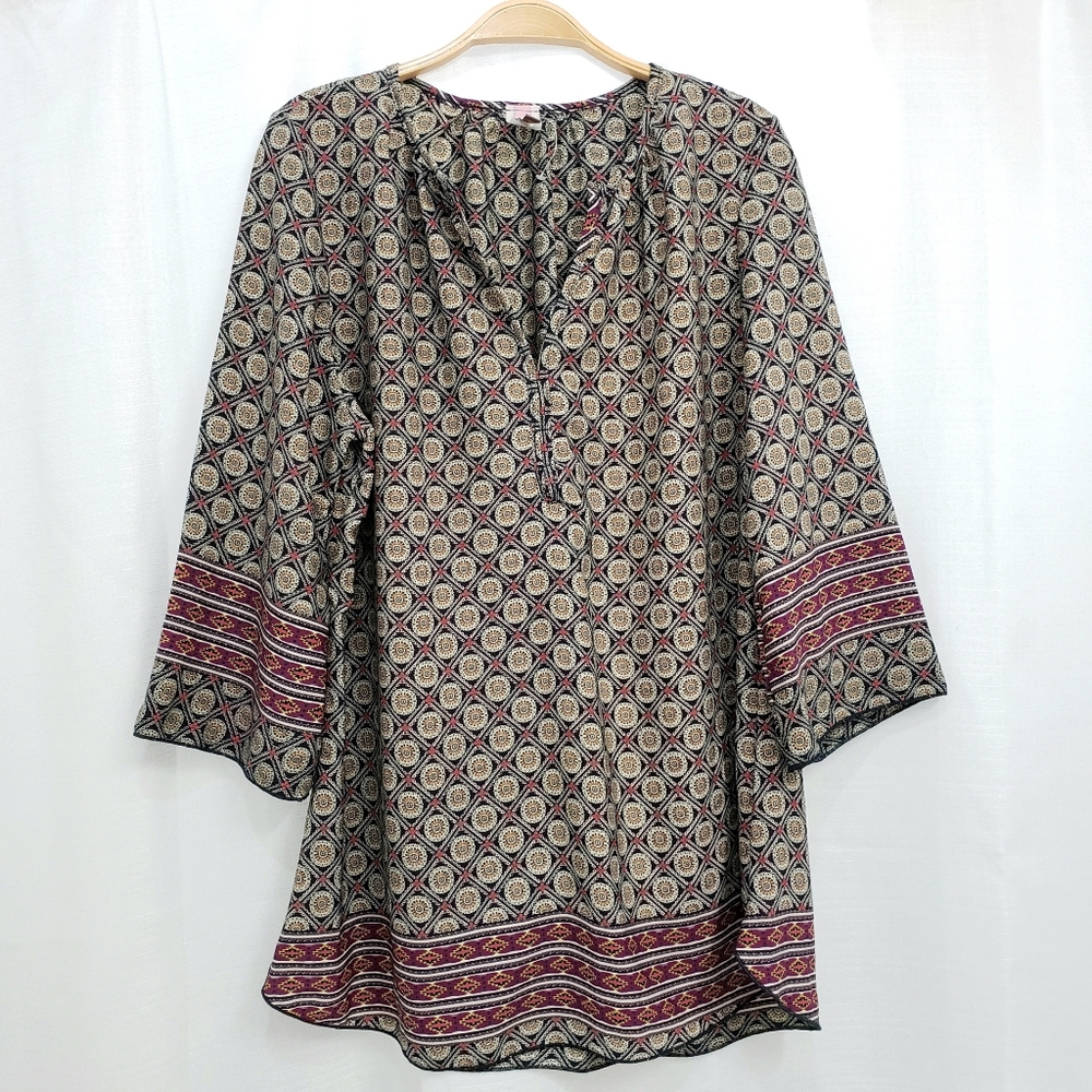 NEW Casual Classic Woven Geometric Print Blouse in navy multi sz L